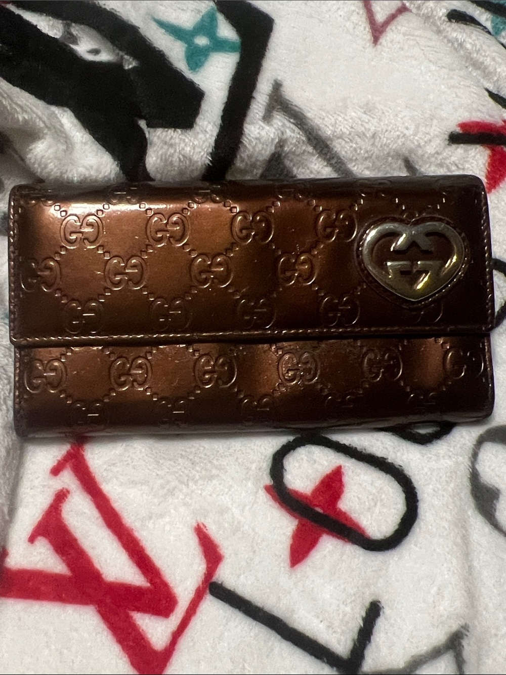 Gucci Metallic Brown GG Embossed Continental Wallet with Heart Logo